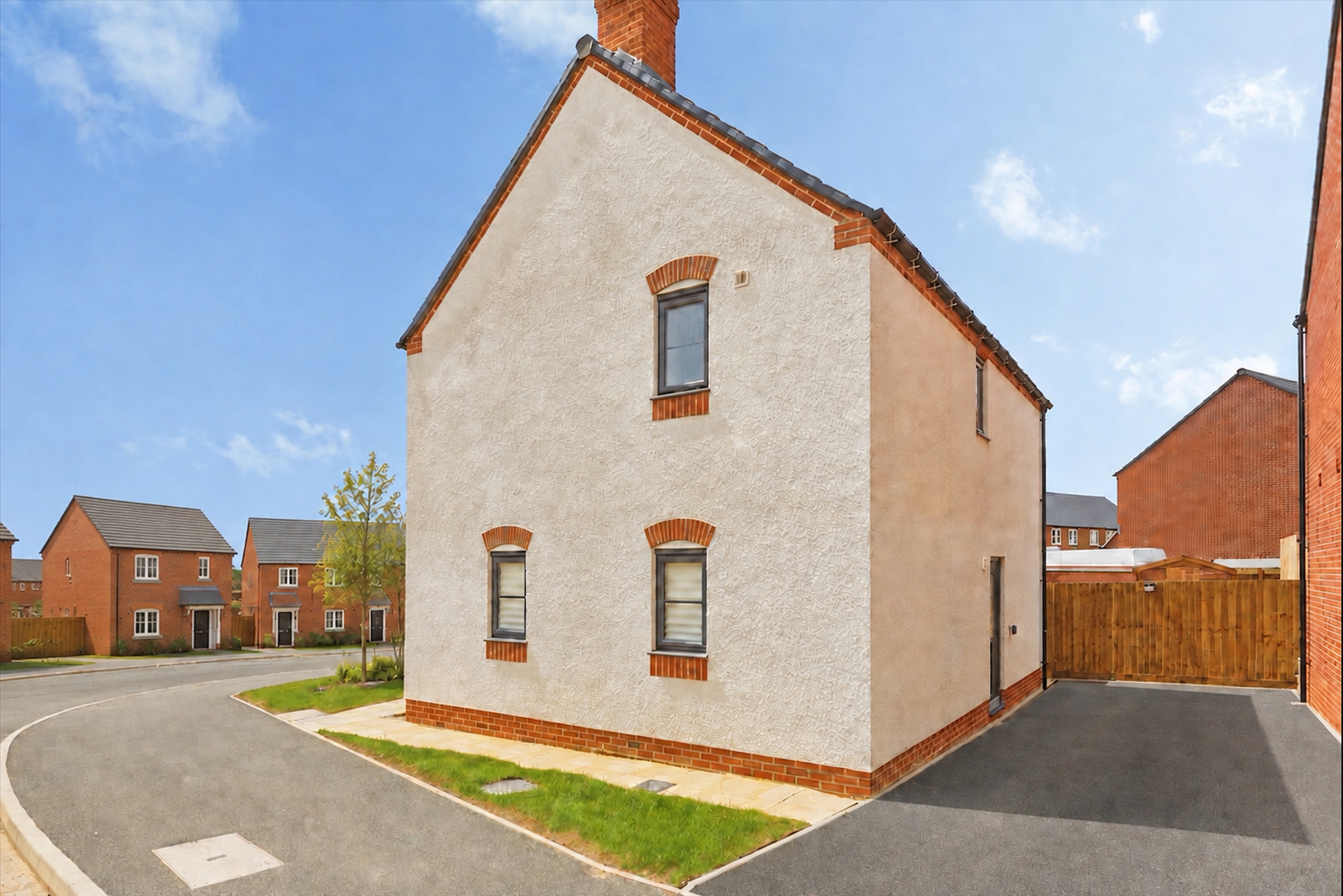 The same new-build exterior enhanced to show a completed development setting